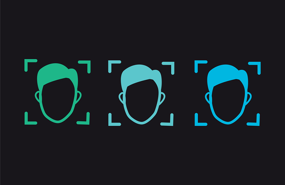 Face recognition system, icons on black background, vector illustration