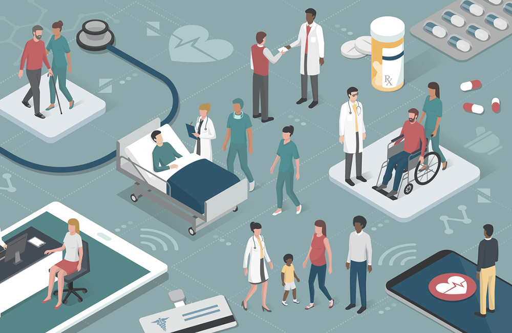 Doctors and nurses taking care of the patients and connecting together: healthcare and technology concept