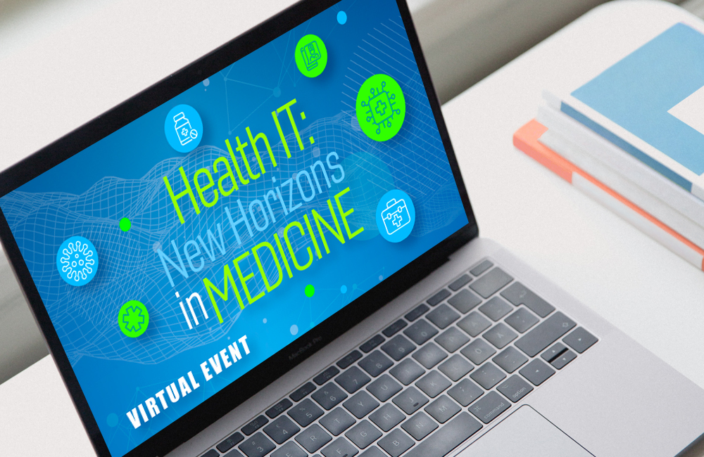 The 2021 Health IT: New Horizons in Medicine event screen graphic on a laptop
