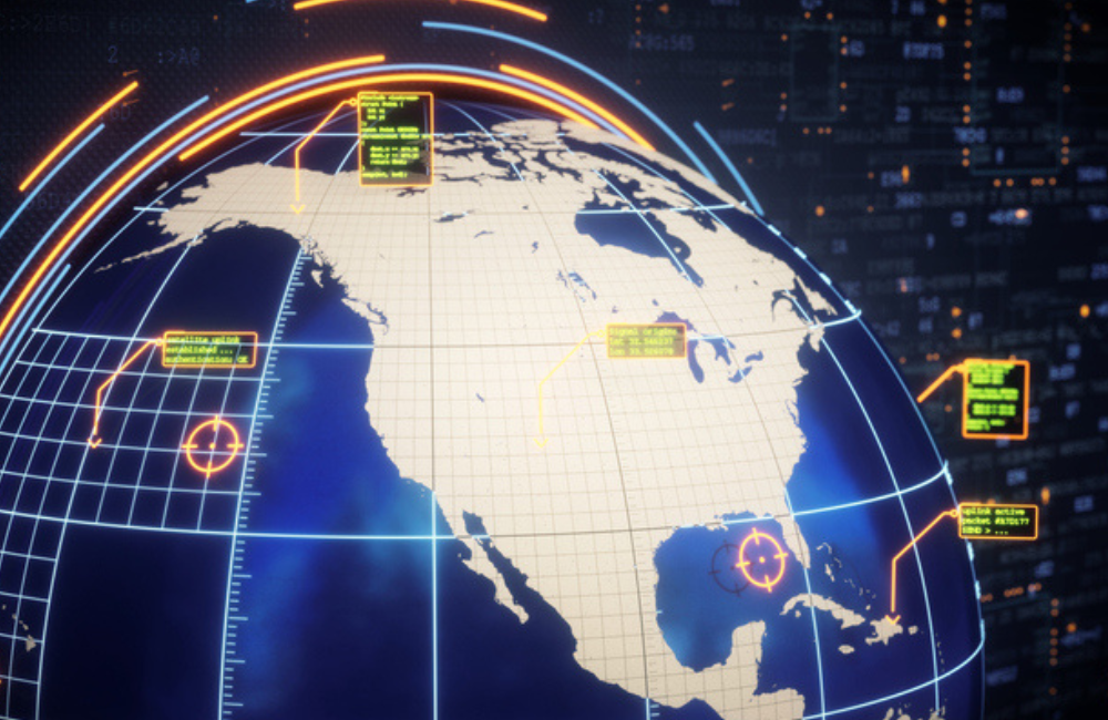 An abstract digital world globe showing north America. The globe is sorrounded by communication lines and digital infographics. The border of the image features encrypted computer code.