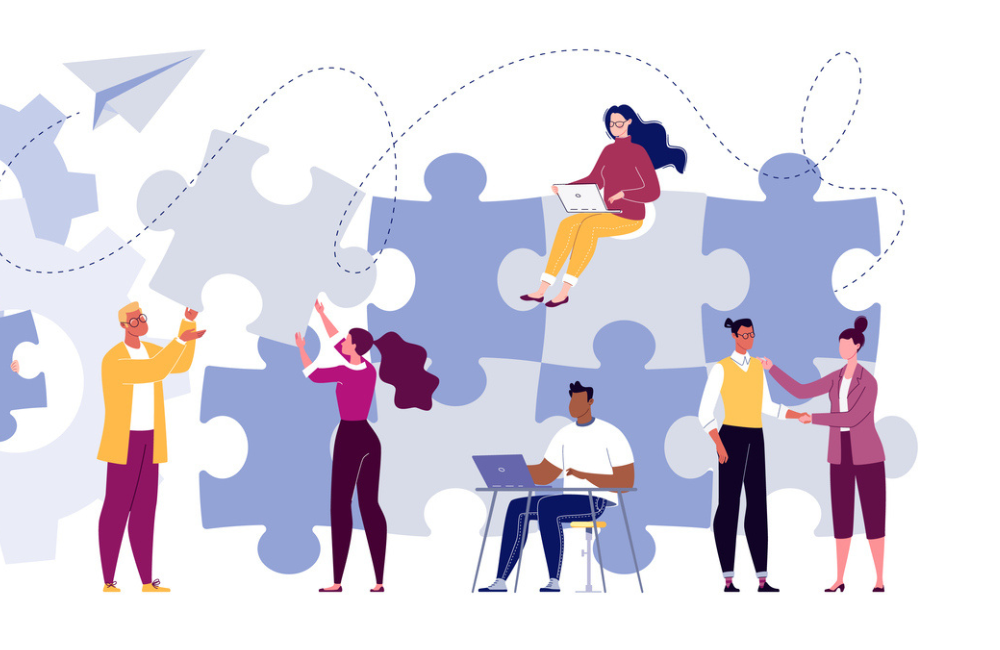 Team building concept. Business team metaphor. Business partners or company employees work together on a project. Young people put together puzzle pieces. Illustration.Vector. Flat. Cartoon.