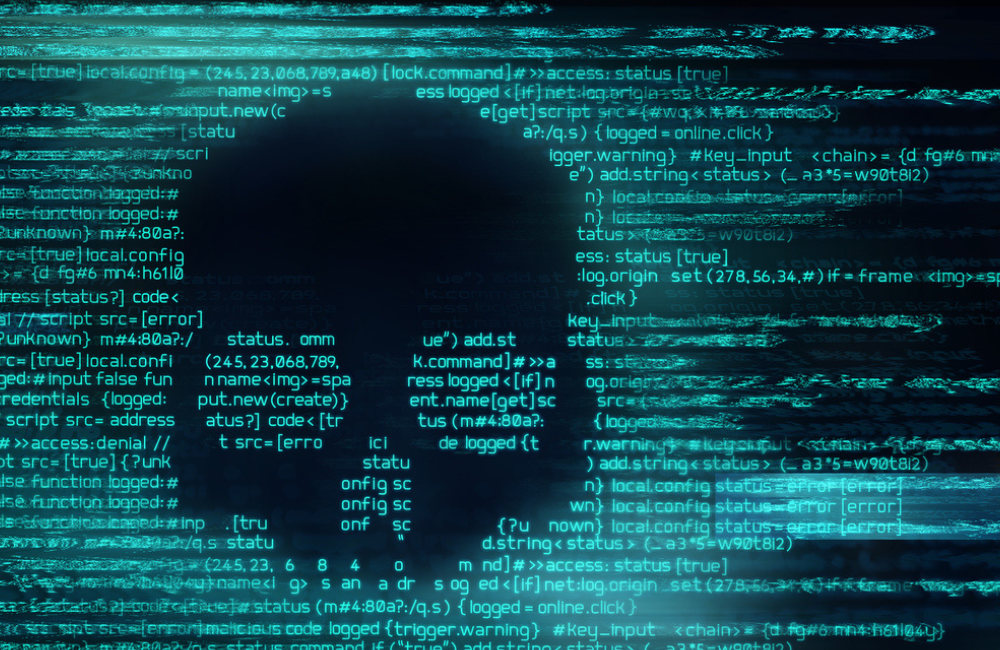 Malicious computer programming code in the shape of a skull. Online scam, hacking and digital crime background 3D illustration