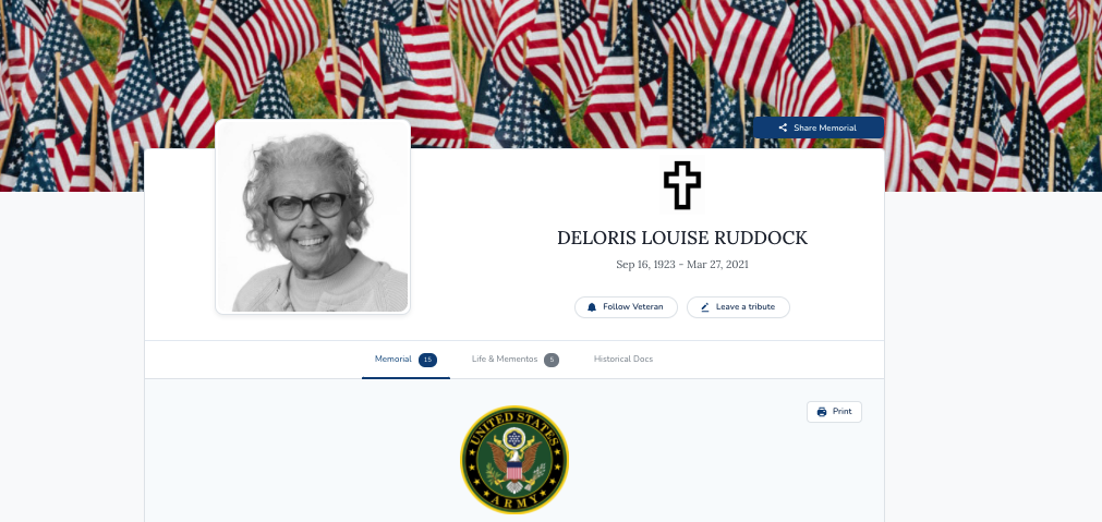 Screenshot from Department of Veterans Affairs Veterans Legacy Memorial (VLM) features Army veteran Deloris Louise Ruddock who was buried at Baltimore National Cemetery in March 2021.