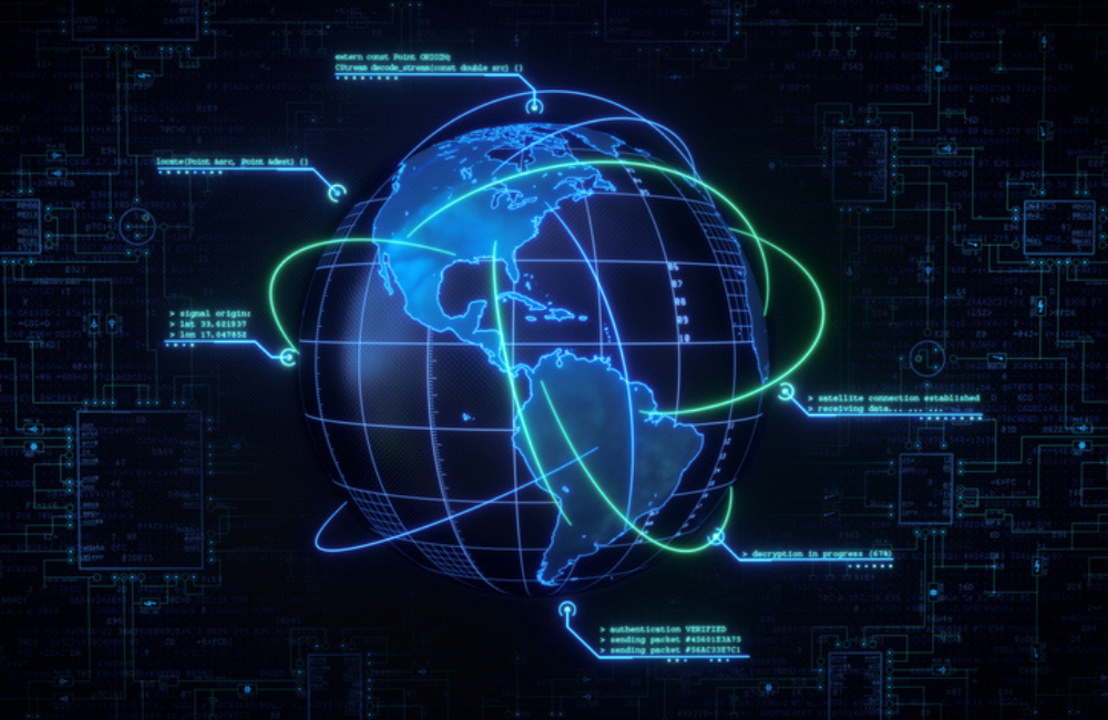 A digital world globe showing the Americas. The globe is sorrounded by swirling communication lines and infographics with security messages. The border of the image features a generic blueprint representing some electronic security system.