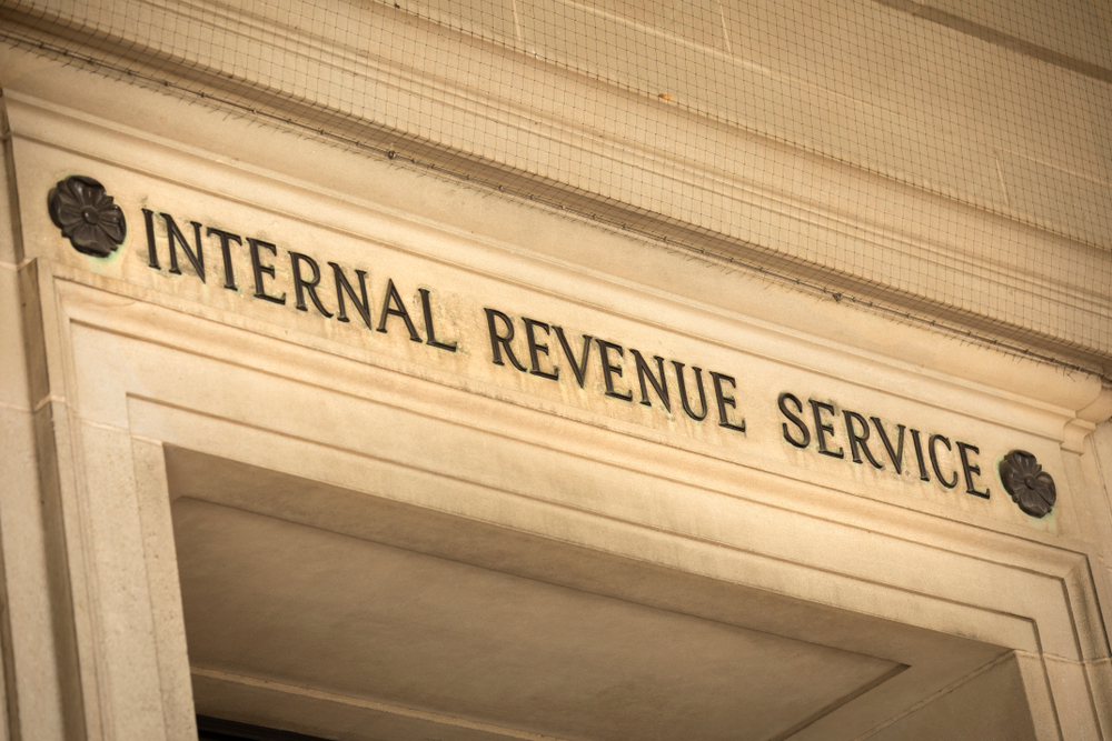 Internal Revenue Service lettered over marbled doorway