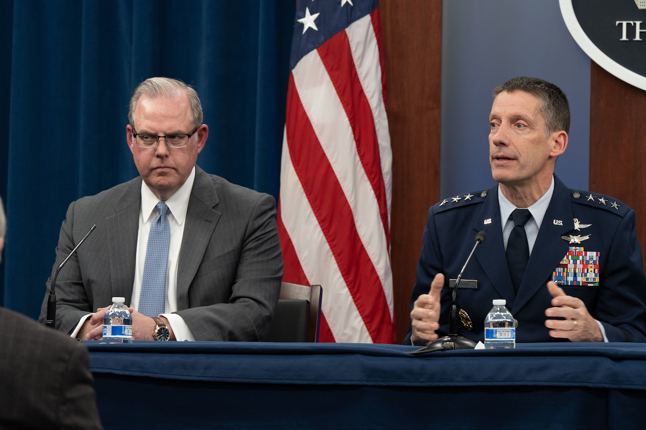 Department of Defense Chief Information Officer John Sherman and Defense Information Systems Agency Director U.S. Air Force Lt. Gen. Robert Skinner discuss the Department of Defense’s award of the Joint Warfighting Cloud Capability (JWCC) contract at the Pentagon, Washington, D.C., Dec. 8, 2022.