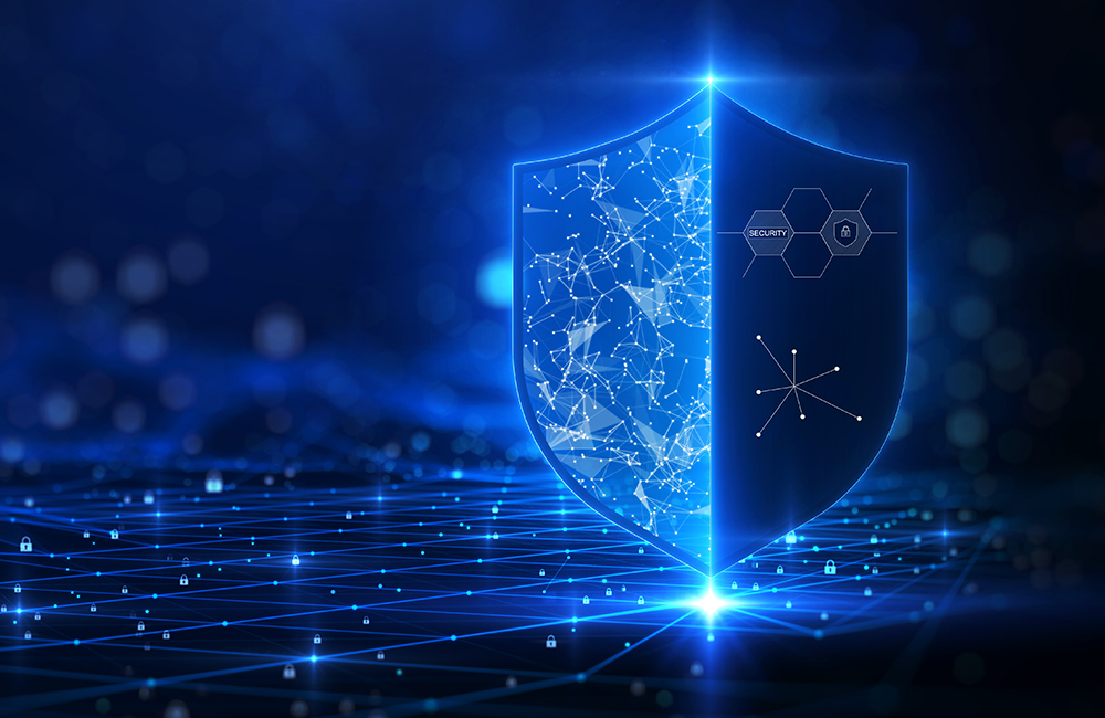 conceptual image of a shield on the right hand side. against a dark blue background with glittering lights as the background representing cybersecurity innovation