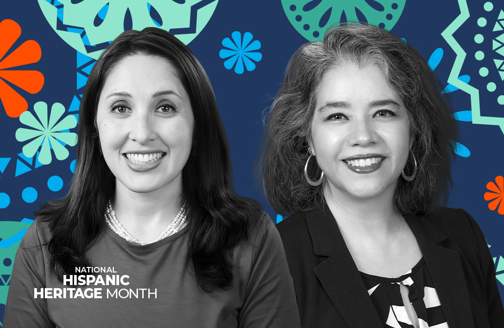 black and white image of Jess Berrellez, Executive Officer, FDA, ODT (left) and Laura Prietula, Deputy CIO, Electronic Health Record Modernization Integration Office, VA (right) against a colorful patterned background intended for hispanic heritage month