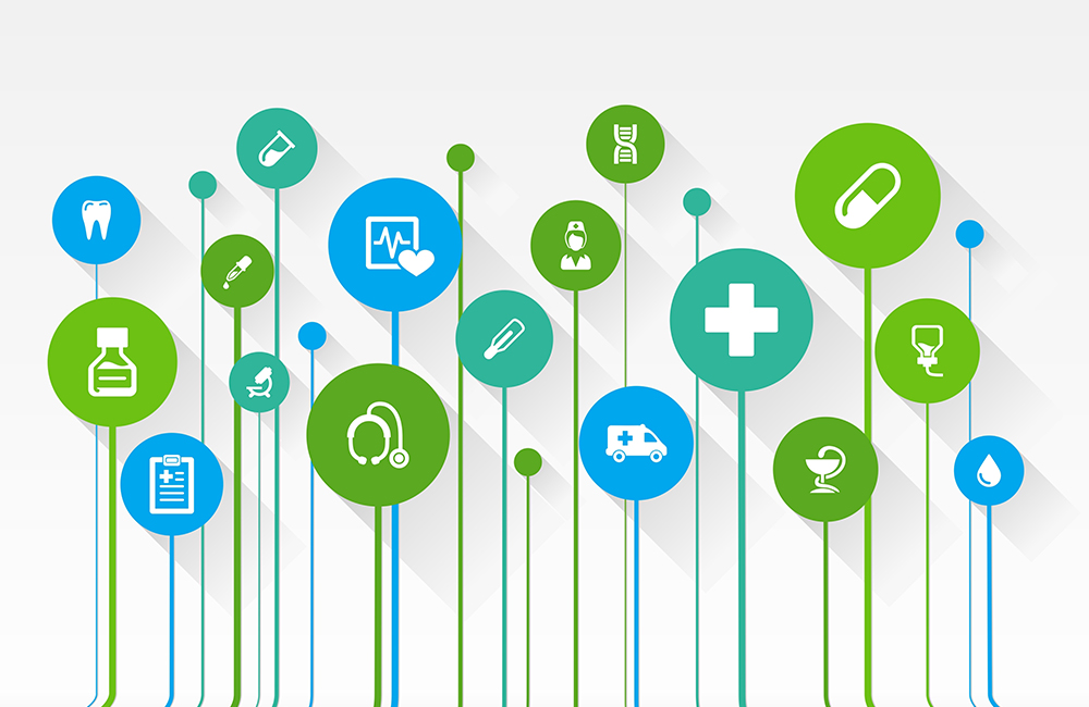 vector illustration of abstract medicine background with lines, circles and flat icons. Growth concept contains medical, health, healthcare, nurse, tooth, thermometer, pills and cross icons.