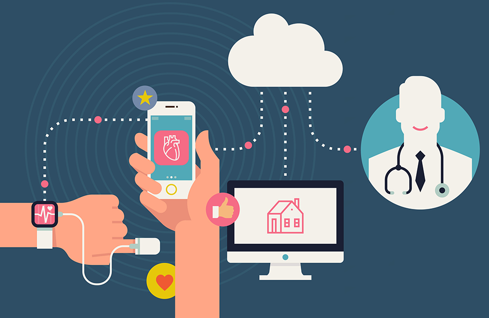 infographics design on modern high tech devices using in everyday life showing man tracking his health condition with smart bracelet, mobile application and cloud services