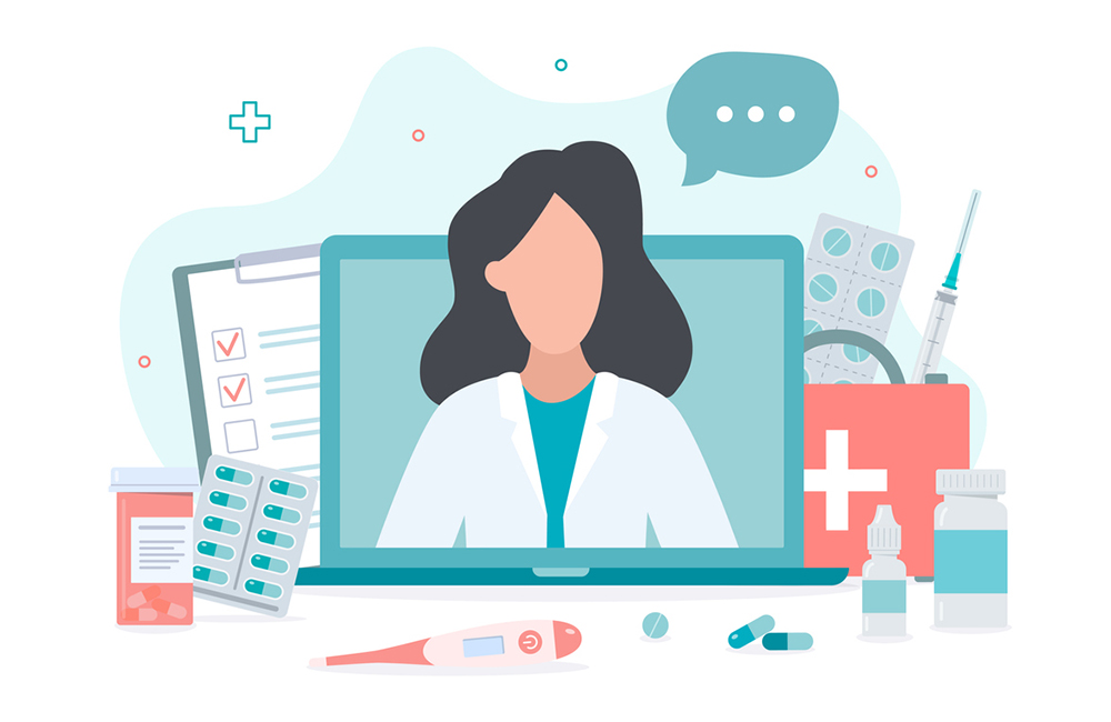 Online doctor concept. Expert advice via your computer. Flat vector illustration.