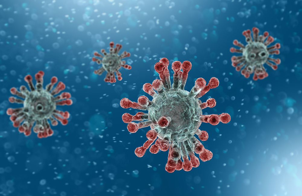 Microscopic view of Coronavirus, a pathogen that attacks the respiratory tract. Analysis and test, experimentation. Sars. 3d render