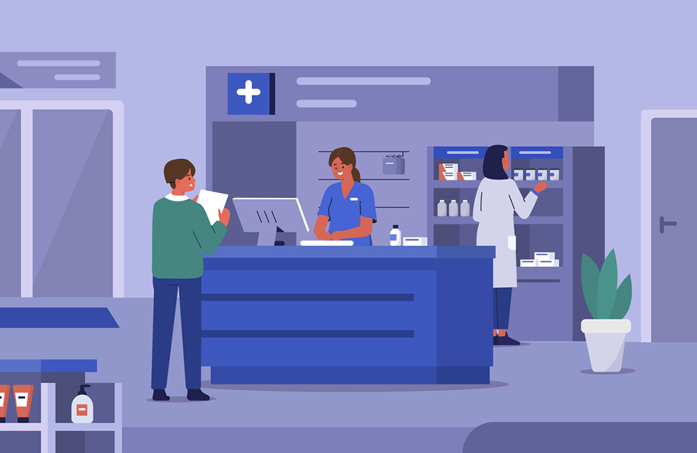 People Characters in Drugstore. Medical Staff Working in Pharmaceutical Industry. Doctor Pharmacist Consulting Patient in Pharmacy Store. Man Holding Prescription. Flat Cartoon Vector Illustration.