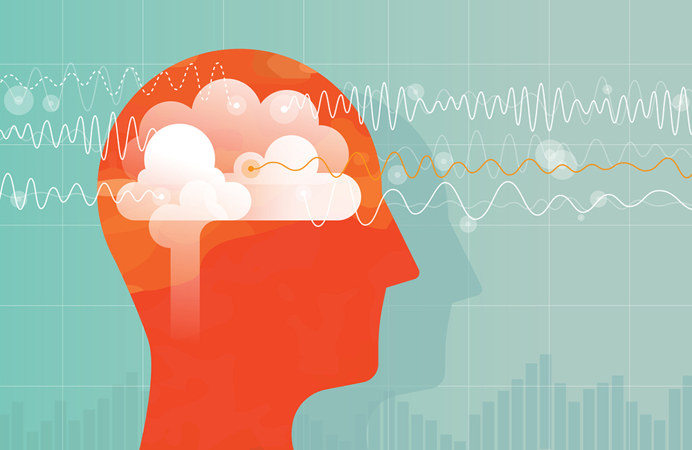 Vector illustration showing orange head with brain and charts of a different brain waves: Alpha, beta, theta and delta waves.