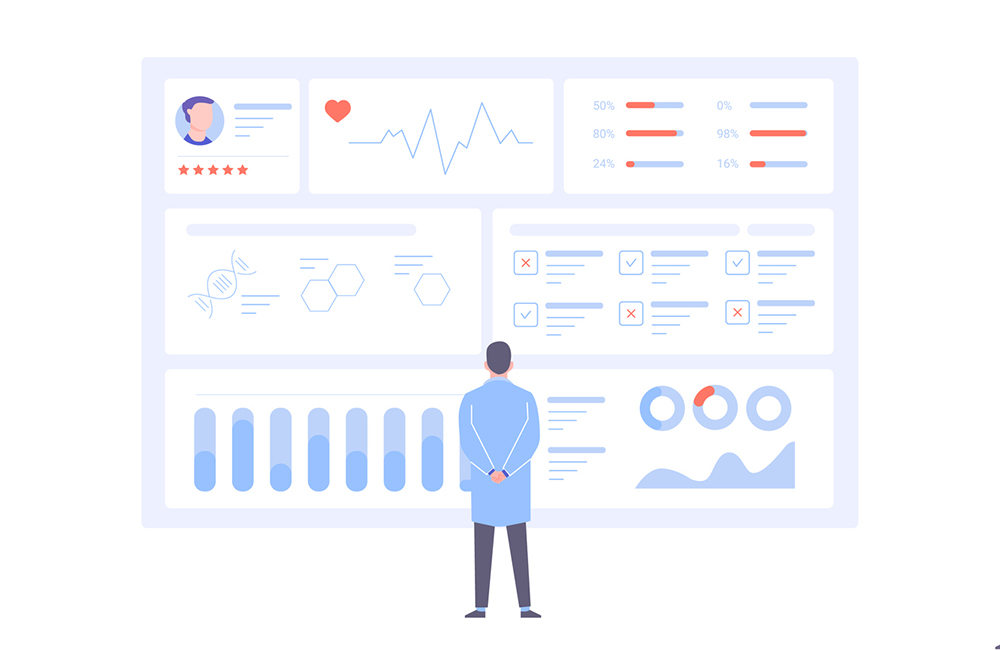 A male doctor is standing back to us in front of a big data screen. Diagnosis of diseases, medical tests, effective treatment. Dashboard with patient health information. Vector illustration.