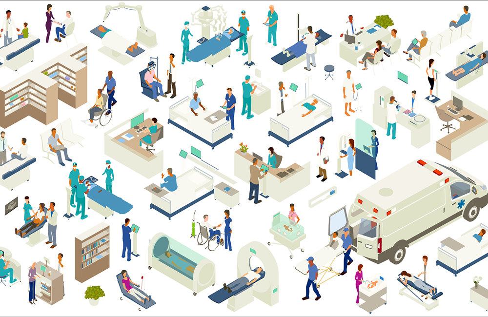 Isometric medical icons include scanning equipment (MRI, X-Ray, CT scan, CAT scan, etc), robot-assisted surgery, hospital beds, hospital pharmacy shelves, examination tables, hyperbaric chamber, ambulance with gurney, NICU, ultrasound procedure, nurse's station and other desks, reception, kiosk screens, mammogram equipment, medical lab, and other furniture and equipment. People include chiropractor/massage therapist, surgeons, technicians, pharmacist, optometrist, pediatrician, paramedics, a nurse checking blood pressure, and a variety of other patients, doctors, and healthcare professionals.