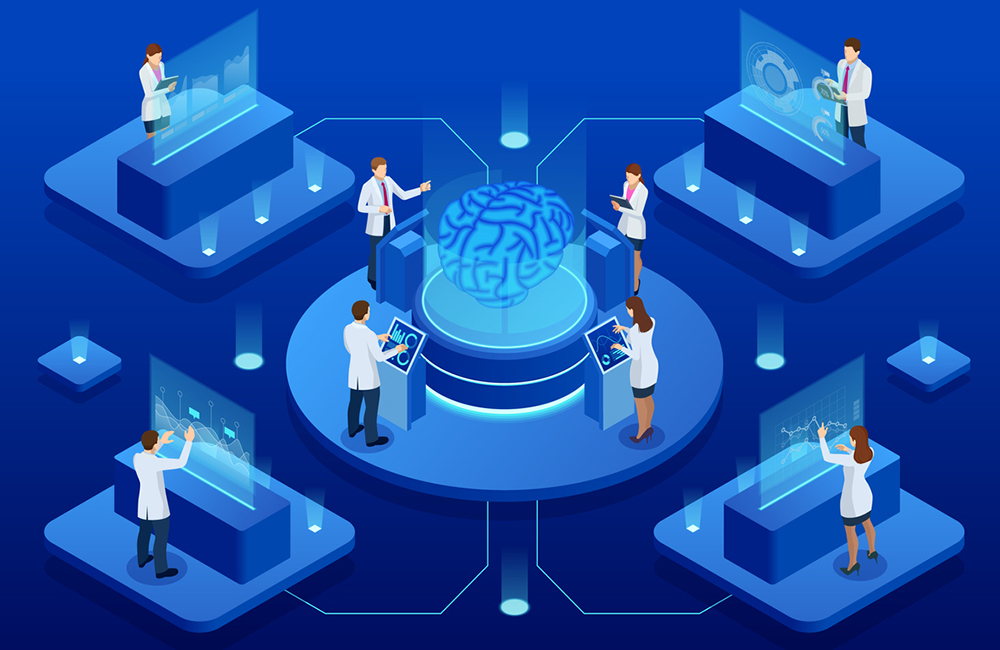 Isometric scientific development of Artificial Intelligence concept. Electric brain. Laboratory researching brain. vector illustration.