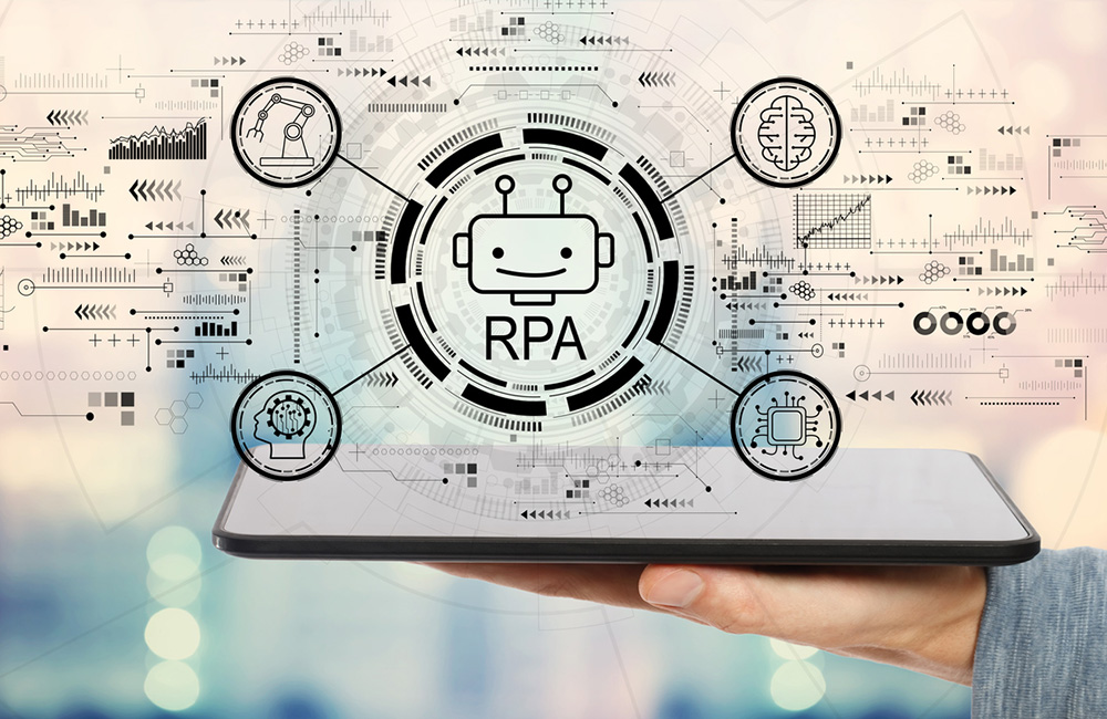 Robotic process automation concept with man holding a tablet computer