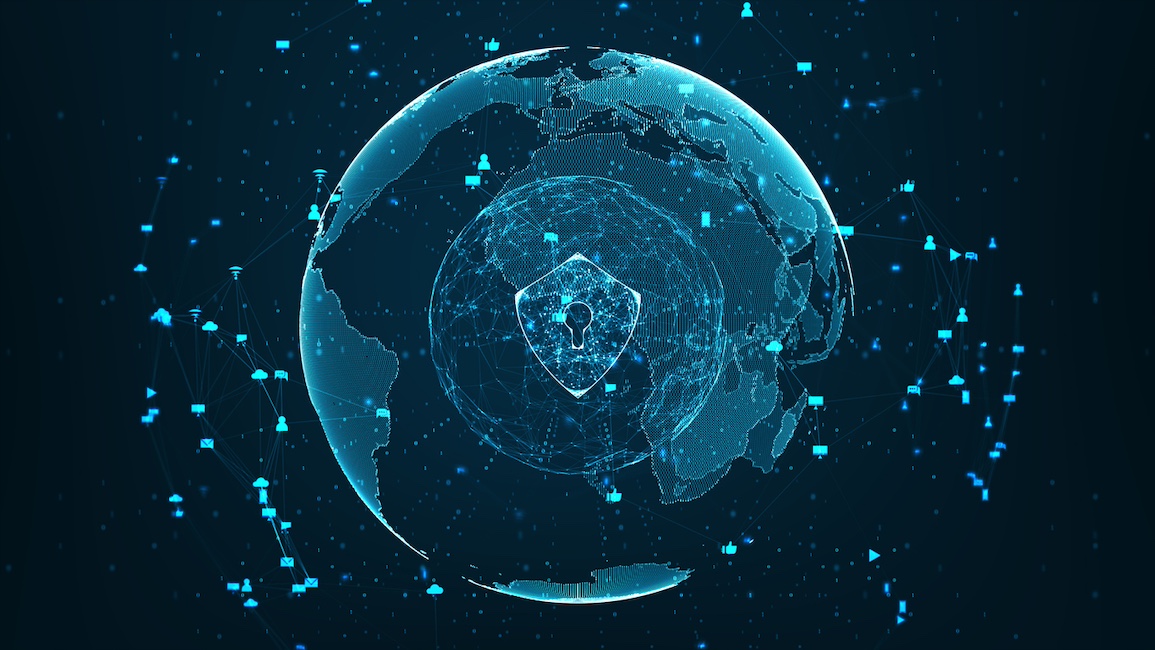 Internet technology network and cyber security concept .Shield icon on secure data global network technology With social network icons surrounded, cyber attack protection for worldwide connections. (Internet technology network and cyber security conce