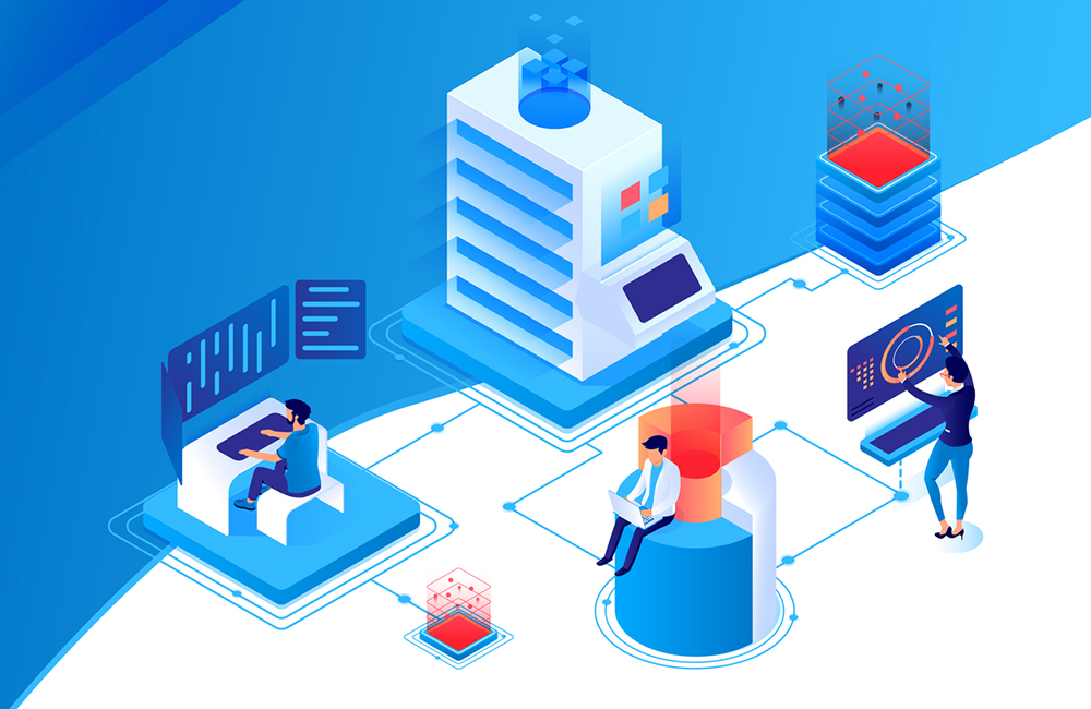 3d isometric nodal data center with workspace, diagram and laptop.