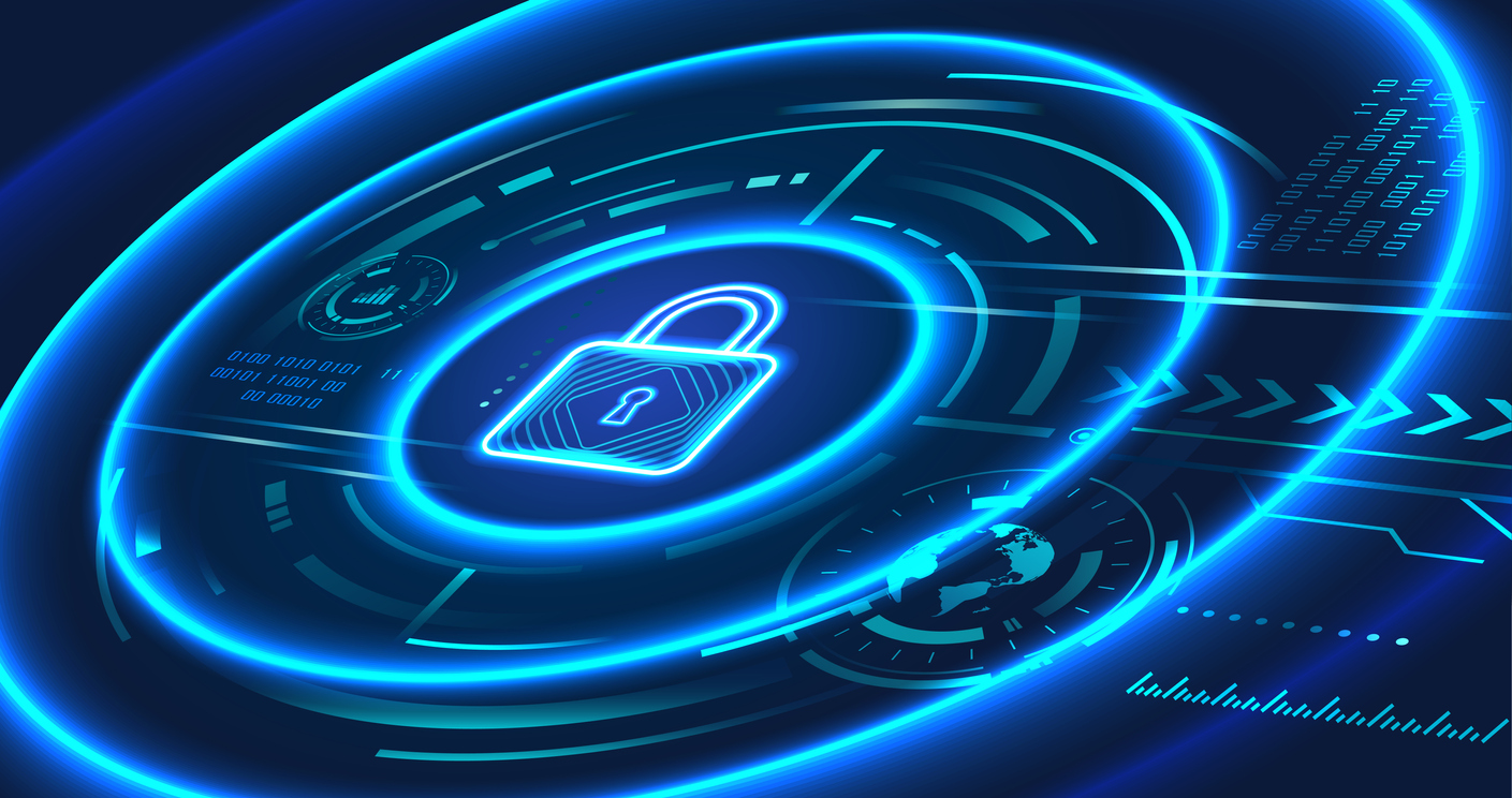 Data security concept design for personal privacy, data protection, and cyber security. Padlock with Keyhole icon on blue background.