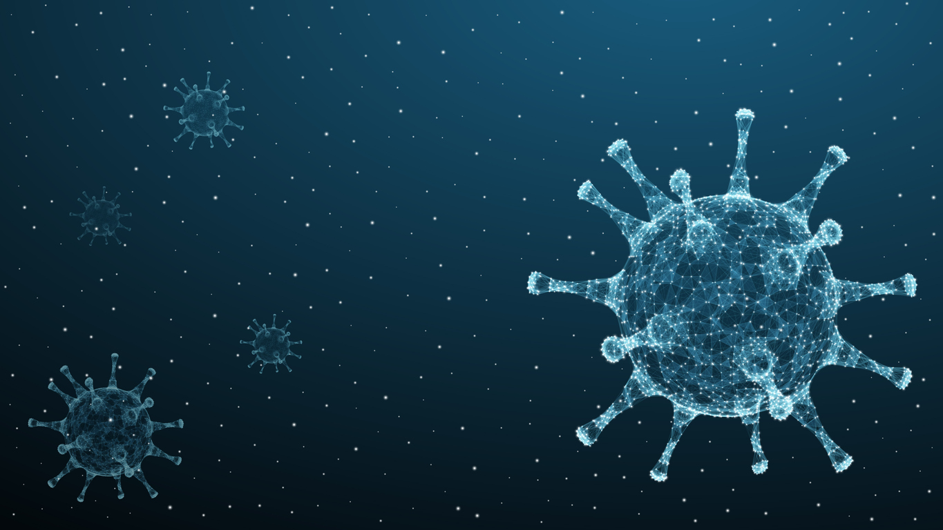 Corona novel virus 3d polygonal text. Virus infections epidemic banner on blue background. Vector healthcare coronavirus illustration