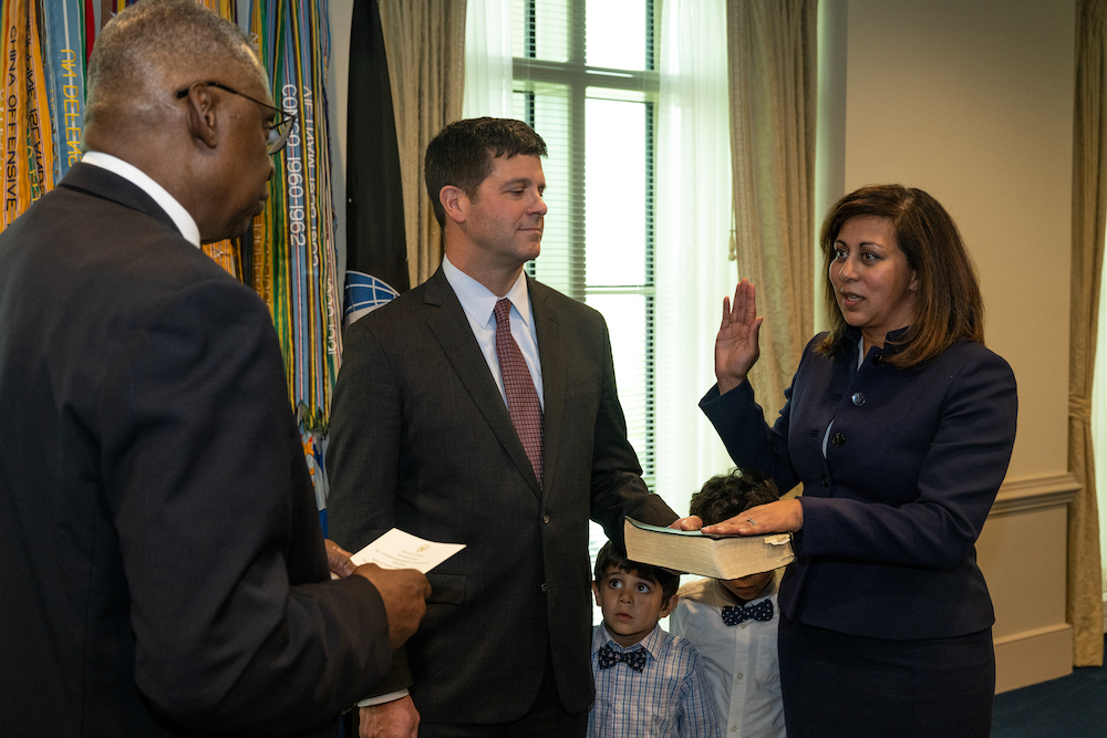 Secretary of Defense Lloyd Austin swears in Chief Digital and Artificial Intelligence Officer Radha Plumb at the Pentagon on April 9.
