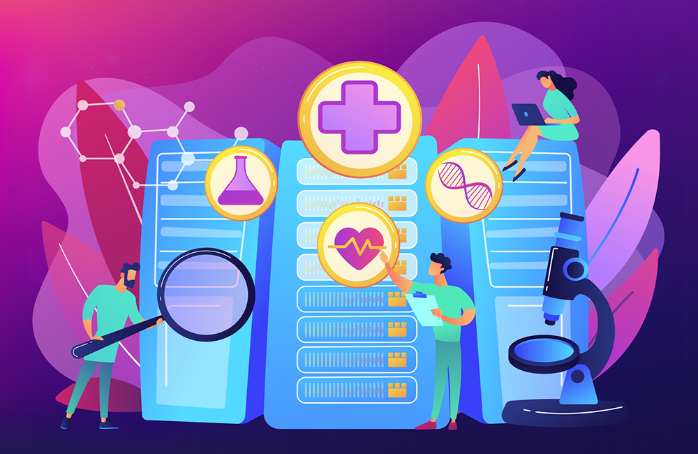 Doctors and personalized prescriptive analytics. Big data healthcare, personalized medicine, big data patient care, predictive analytics concept. Bright vibrant violet vector isolated illustration