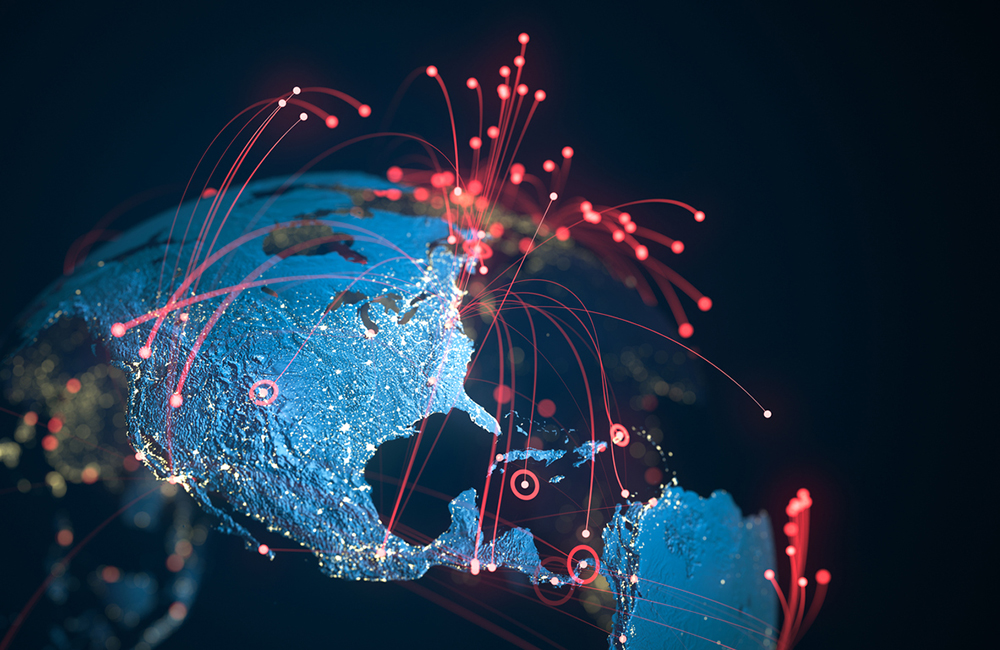 High quality 3D rendered image, perfectly usable for topics related to big data, global networks, international flight routes or the spread of a pandemic / computer virus. Textures courtesy of NASA: https://visibleearth.nasa.gov/images/55167/earths-city-lights, https://visibleearth.nasa.gov/images/73934/topography