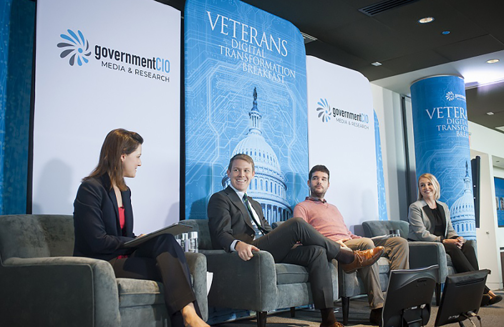 Amy Kluber (left) is joined by Charles Worthington, Acting CTO, Dept. Veterans Affairs (second from left) Andrew Fichter, Product Owner, Lighthouse API Platform, Dept. of Veterans Affairs (second from right) and Lauren Alexanderson, VA.gov Health Product & Design Lead, Dept. of Veterans Affairs (right) and during GovernmentCIO Media & Research's Veterans Digital Transformation Breakfast panel discussions at the Newseum in Washington, DC., Thursday, November 7, 2019. (Photo by Rod Lamkey Jr.)