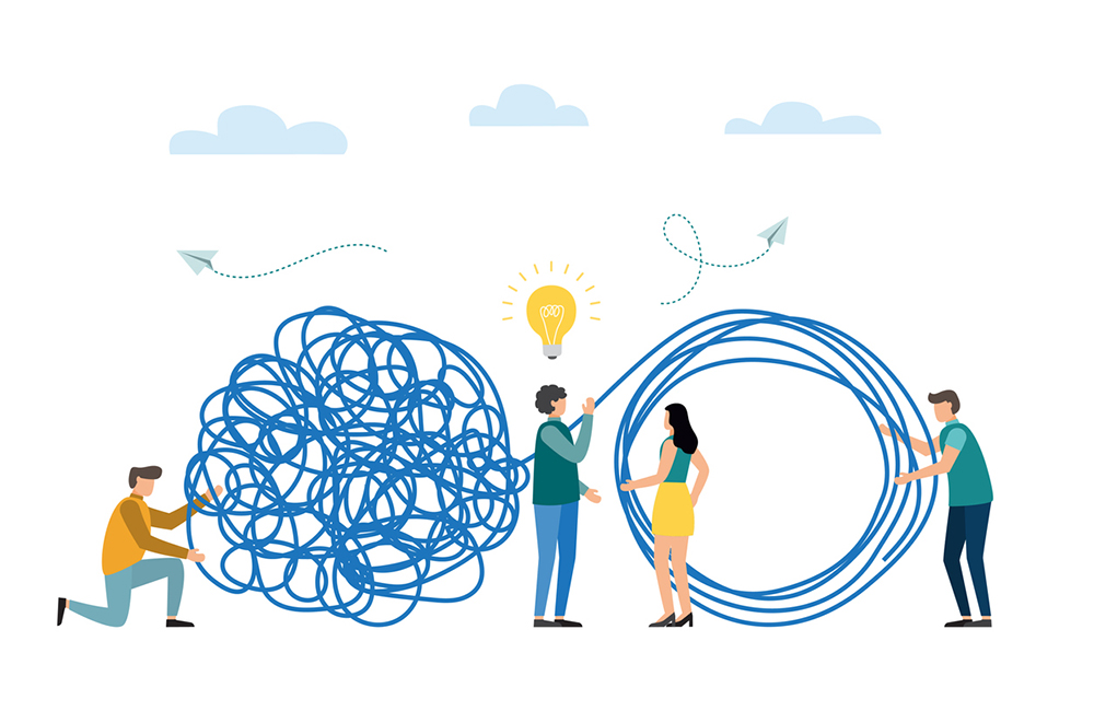 Business problem solving concept. Tangle tangled and unraveled. abstract metaphor. Teamwork, coworking, partnership. Vector illustration