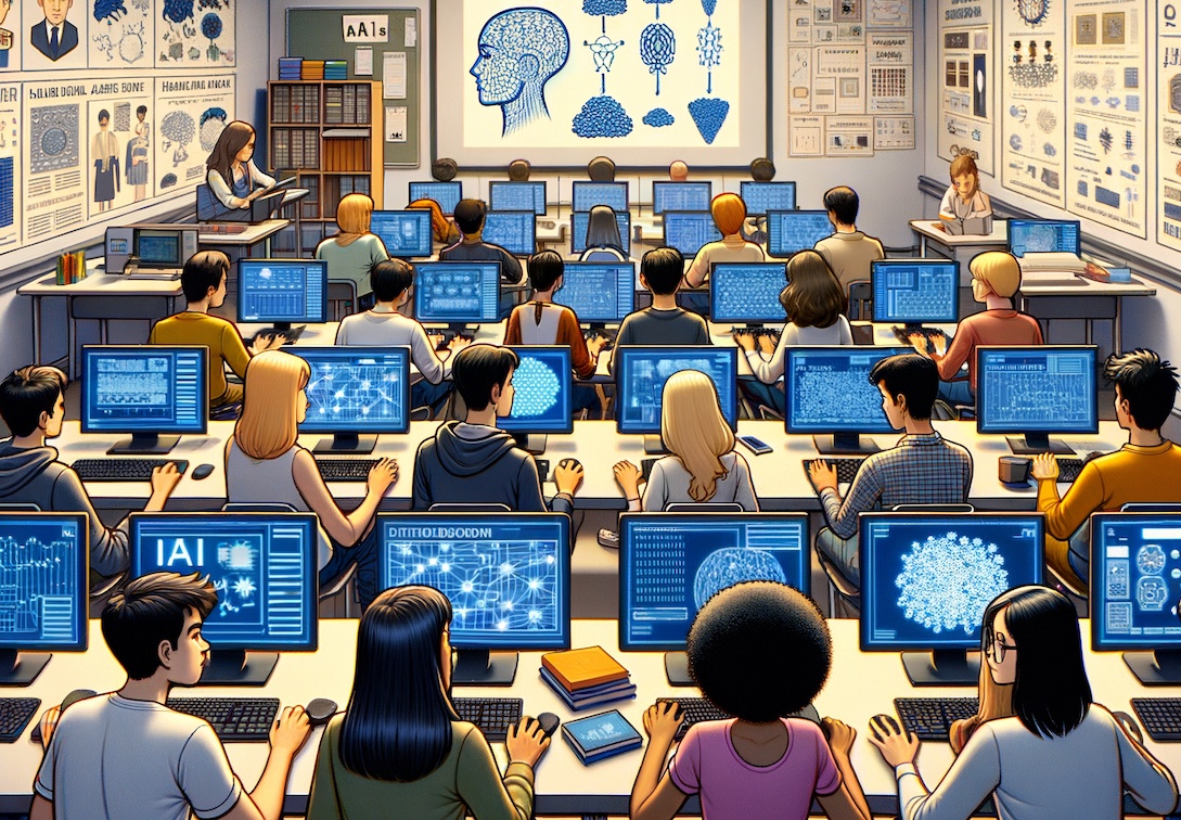 Graphic illustration of people learning about AI