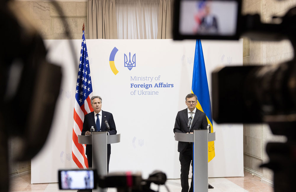 Secretary of State Antony Blinken holds a joint press availability with Ukrainian Foreign Minister Dmytro Kuleba in Kyiv in May.