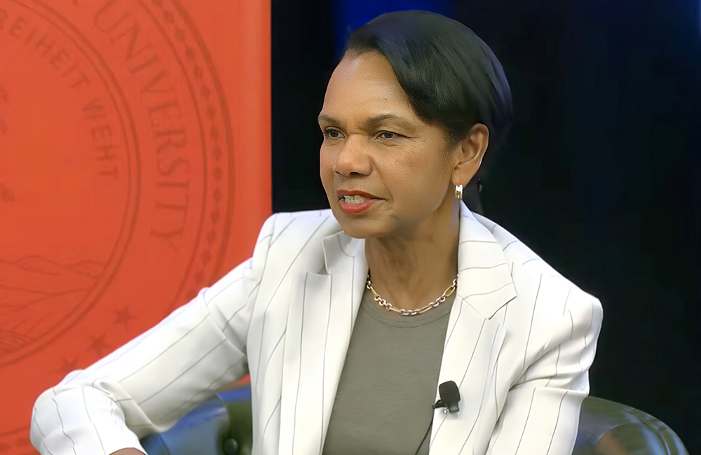 Former Secretary of State Condoleezza Rice speaks at Stanford University about AI regulations.