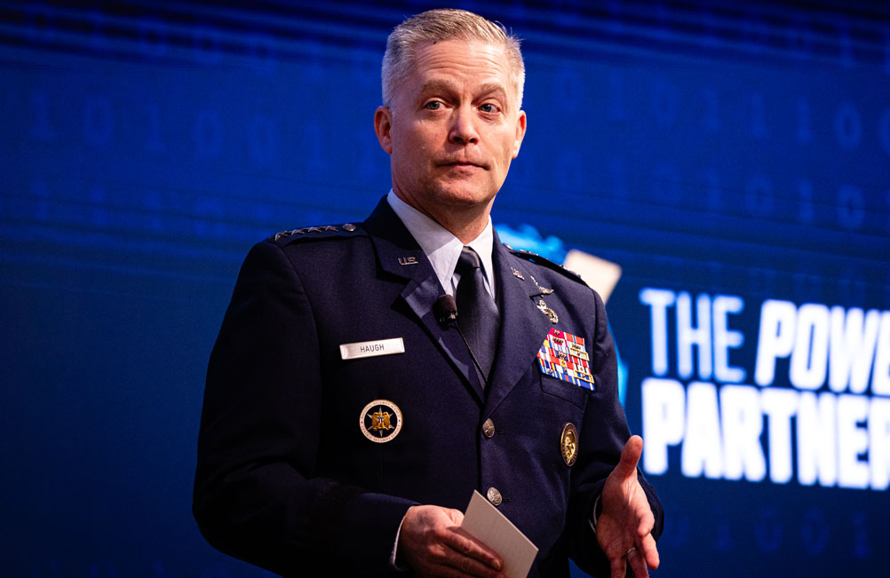 Gen. Timothy Haugh speaks at the Cyber Command Legal Conference at Joint Base Andrews on April 9, 2024