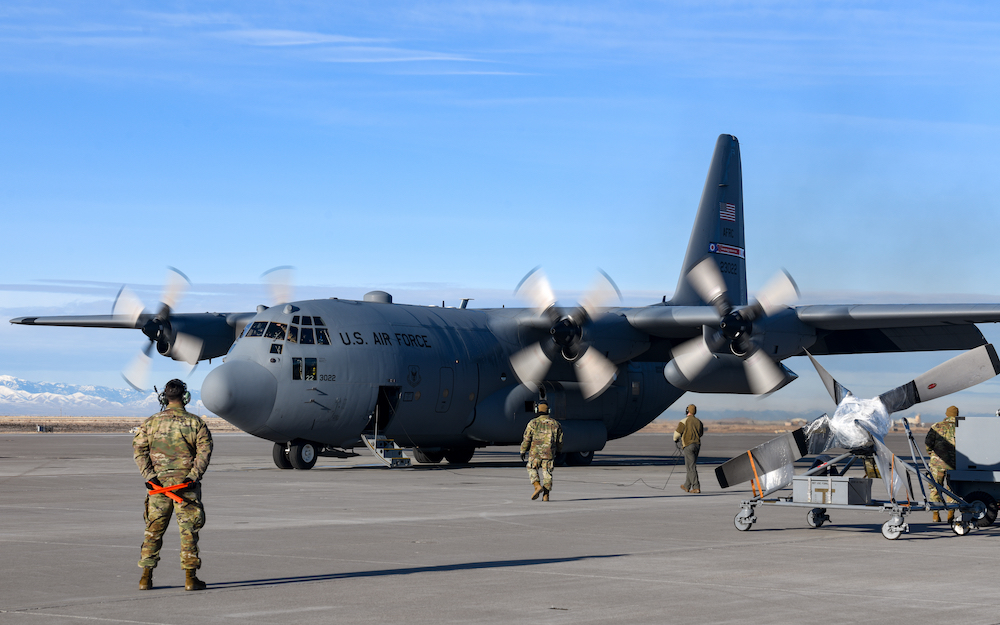 A 910th Airlift Wing C-130H Hercules aircraft prepares for takeoff at Mountain Home Air Force Base, Idaho in 2023.