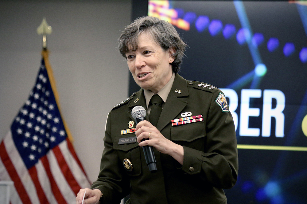 Lt. Gen. Maria Barrett, commander of Army Cyber Command, makes opening remarks the daylong AUSA Hot Topic: Cyber and Information Advantage event co-led by Army Cyber Command and the Army Combined Arms Center, in Arlington, Va., July 2, 2022.