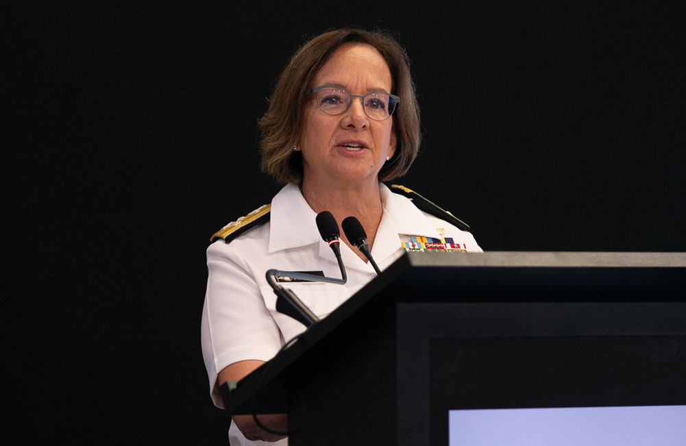 Chief of Naval Operations Adm. Lisa Franchetti delivers remarks during the Inter-American Naval Conference in Rio de Janeiro on Sept. 24, 2024.