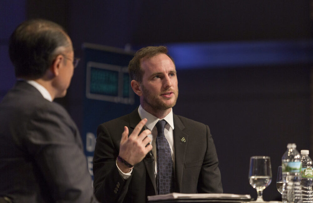 Joe Gebbia speaks at the World Bank / IMF 2017 Annual Meetings in Washington, D.C. on Oct. 12, 2017.