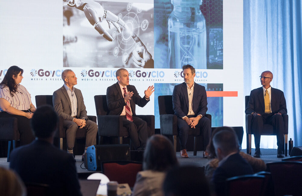 ServiceNow Federal CTO Jonathan Alboum, DHA CDAO Jesus Caban, CDC Acting CAIO Travis Hoppe and HHS OIG CAIO Arjuna Swaminathan speak at GovCIO Media & Research's 2025 Health IT Summit in Rockville, Maryland, on Sept. 23, 2025.