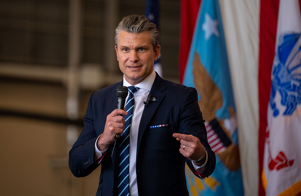 Pete Hegseth speaks to U.S. service members stationed in the region during a troop engagement at Yokota Air Base, Japan, Oct. 29, 2025