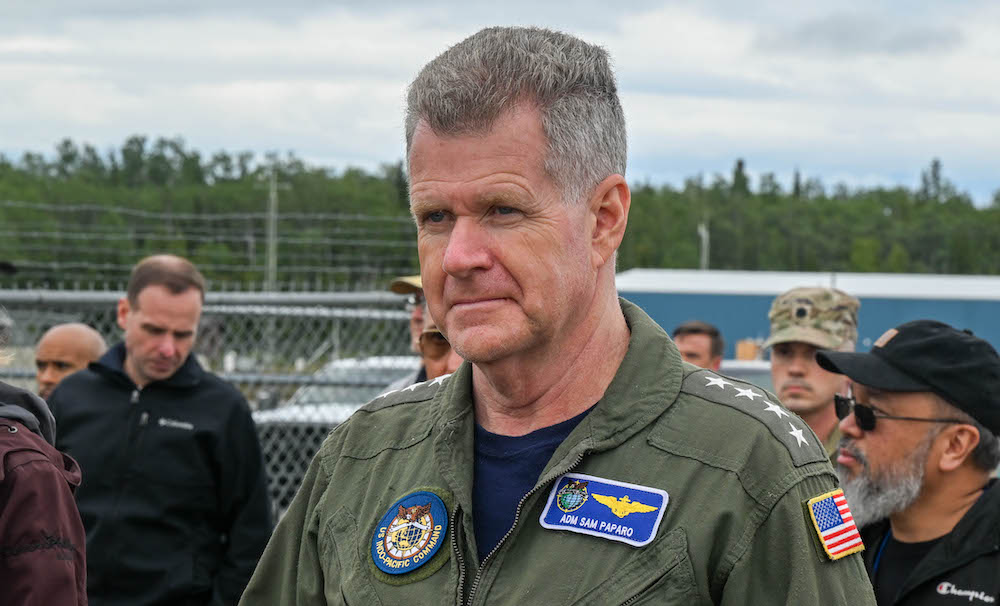 Adm. Samuel Paparo, commander, U.S. Indo-Pacific Command, observes a capability demonstration led by the Strategic Capabilities Office at Fort Greely, Alaska, on Aug. 19, 2025, during Northern Edge 2025.