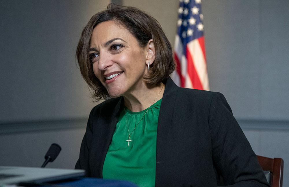 DOW CISO Katie Arrington speaks at the Pentagon in 2021.