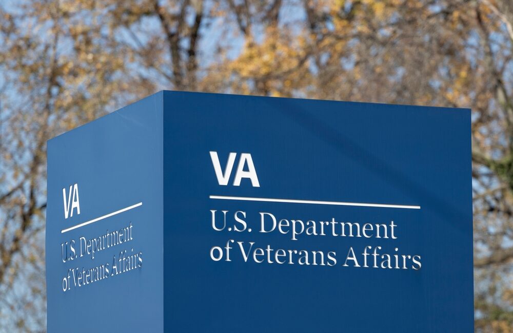 Blue outdoor sign U.S. Department of Veterans Affairs building.