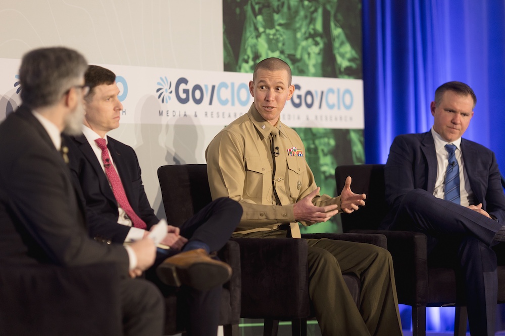 Lt. Col. Benjamin Pimentel, assured C2 lead of Project Dynamis at the Marine Corps, speaks at GovCIO Media & Research's Defense IT Summit on Feb. 26, 2026, in Arlington, Virginia.