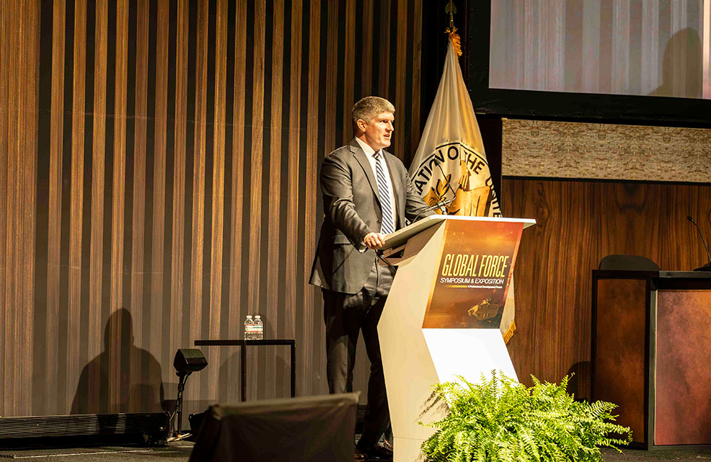 Deputy Under Secretary of the Army David Fitzgerald speaks during the opening ceremony of the Association of the United States Army’s Global Force Symposium and Exhibition, March 25, 2026, in Huntsville, Alabama.