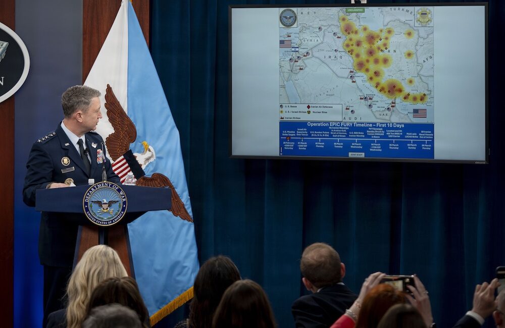 Chairman of the Joint Chiefs of Staff Gen. Dan Caine conducts a press briefing on Operation Epic Fury at the Pentagon on March 10, 2026.
