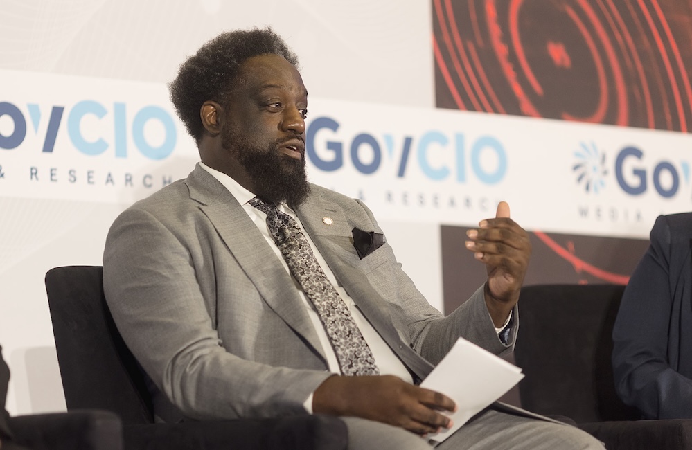 DLA CIO Adarryl Roberts speaks at GovCIO Media & Research's CyberScape: The Federal Cybersecurity Summit on April 16, 2026, in Arlington, Virginia.