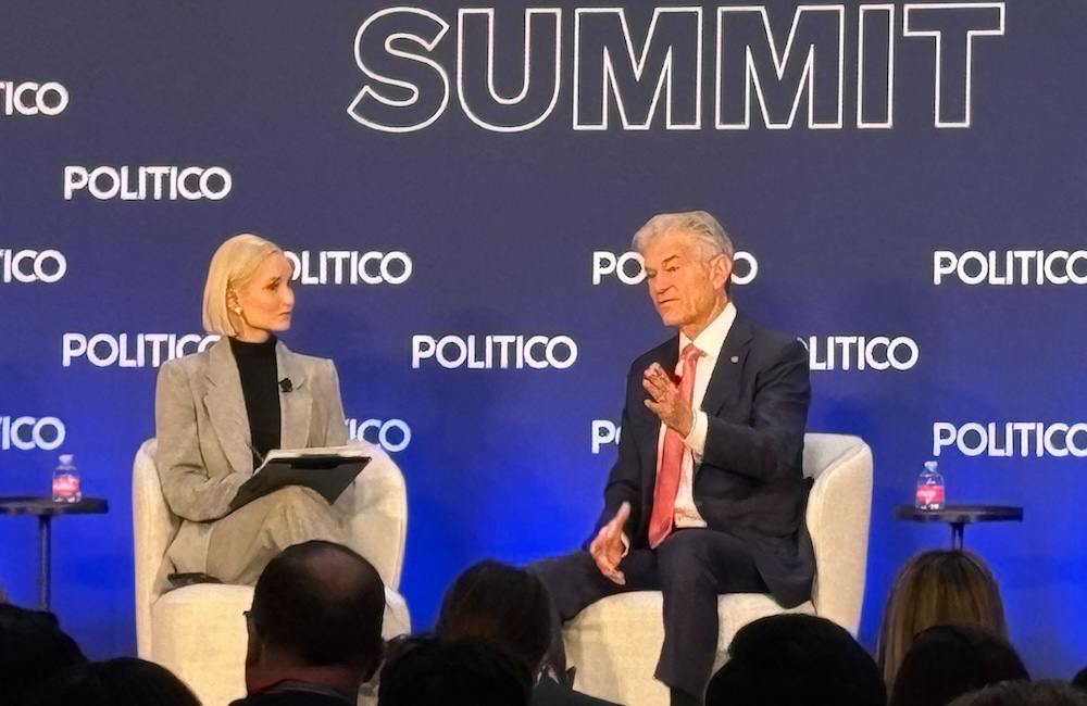 Poltico's Dasha Burns moderates a fireside chat with CMS Administrator Mehmet Oz on Thursday at the Politico Health Care Summit.