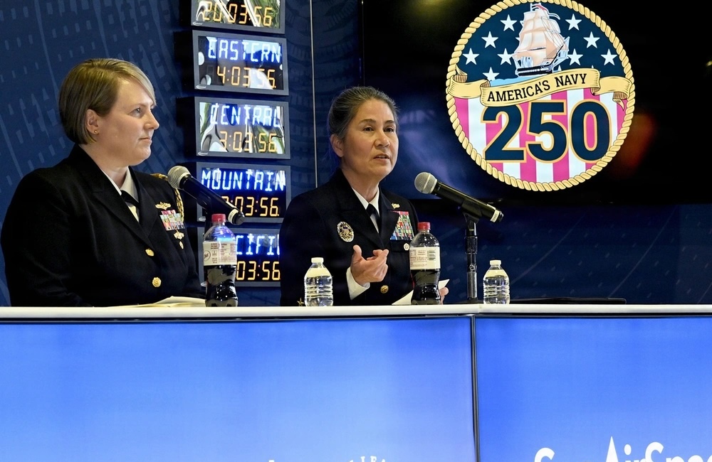 Naval Information Forces Chief of Staff, Capt. Christi Montgomery and Office of the Chief of Naval Operations Director of Warfighting Integration Directorate Rear Adm. Susan Bryer Joyner speak during a panel at Sea Air Space 2026 on Monday, April 20, 2026.